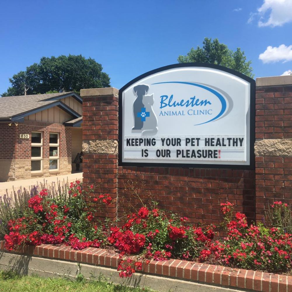 Bluestem Animal Clinic sign in front of the clinic building