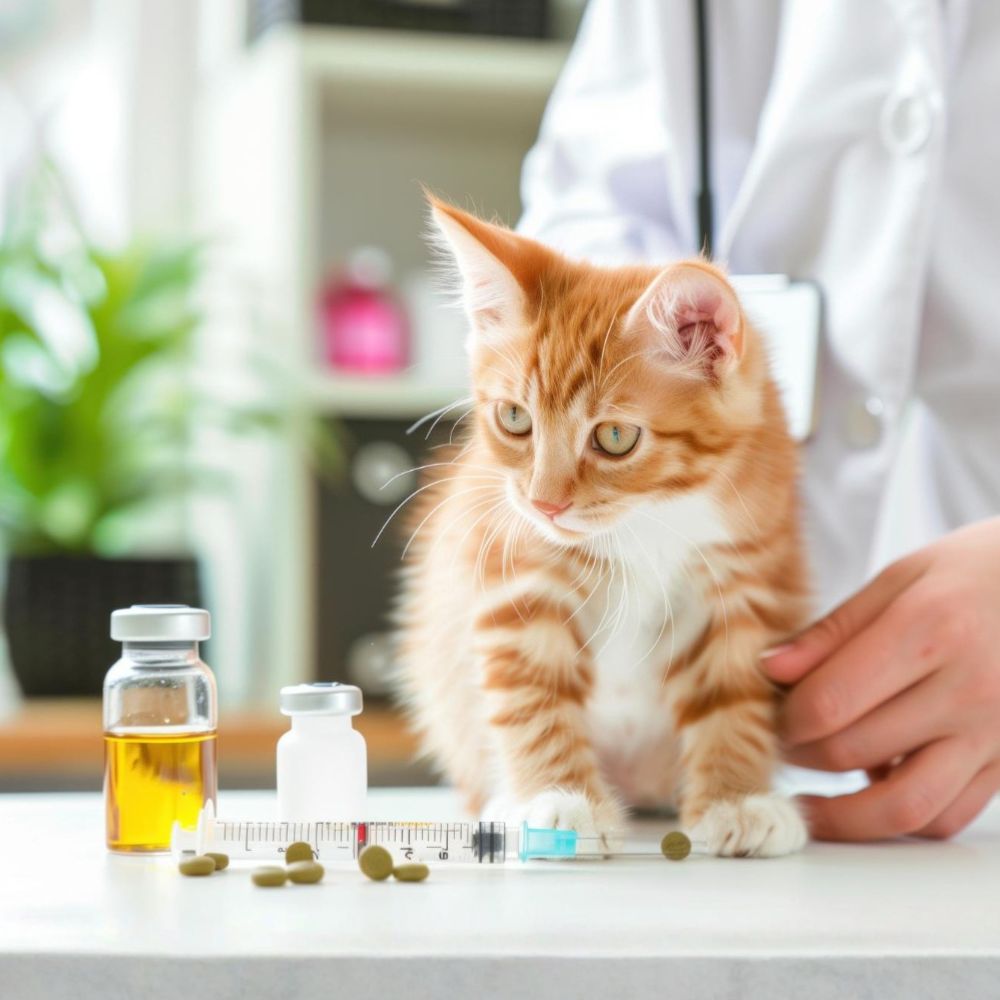 Orange kitten beside veterinary medicine bottles and syringe